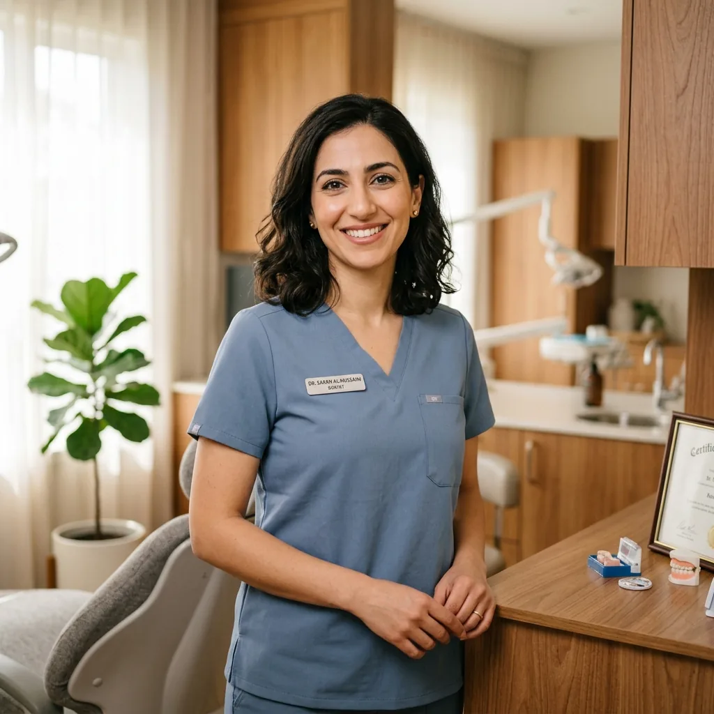 Dr. Sarah Al-Hussaini smiling in a naturally lit modern dental studio