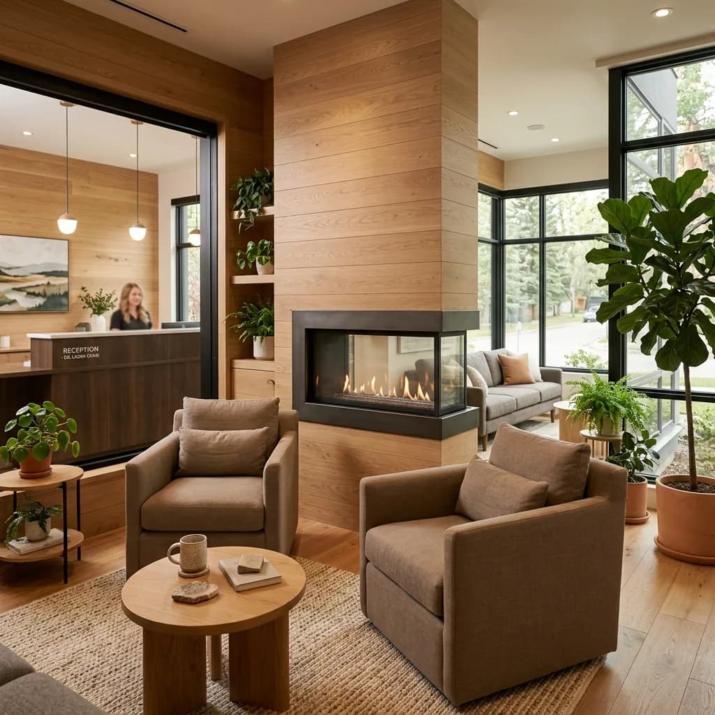 Cozy residential-style dental reception area featuring warm wood walls and a fireplace nook