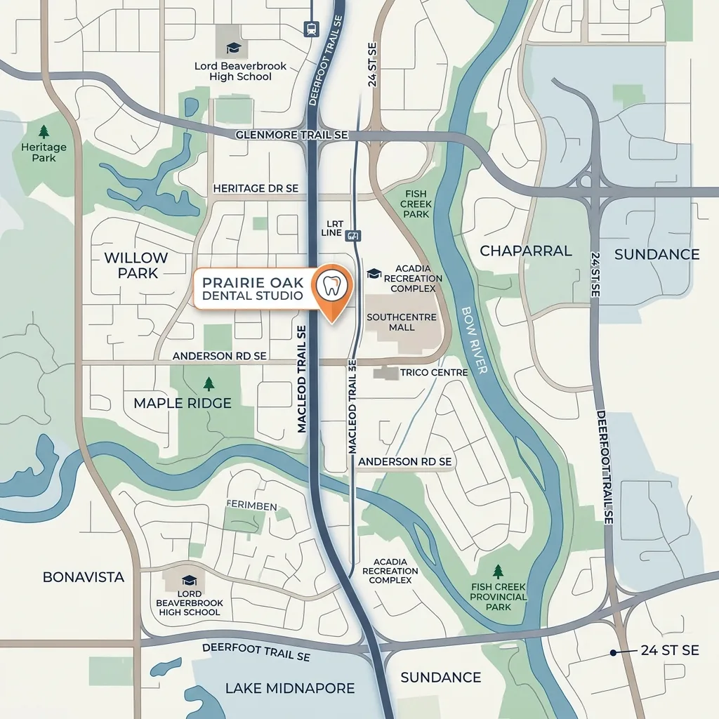 Map showing clinic location at 14025 Macleod Trail SE, South Calgary